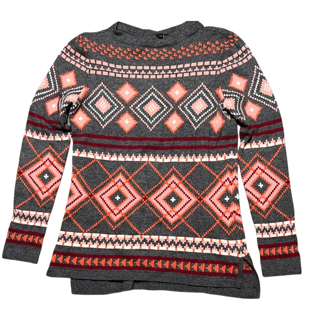 Talbots Womens Small Gray Fair Isle Southwest Aztec Knit Sweater Lambswool Blend
